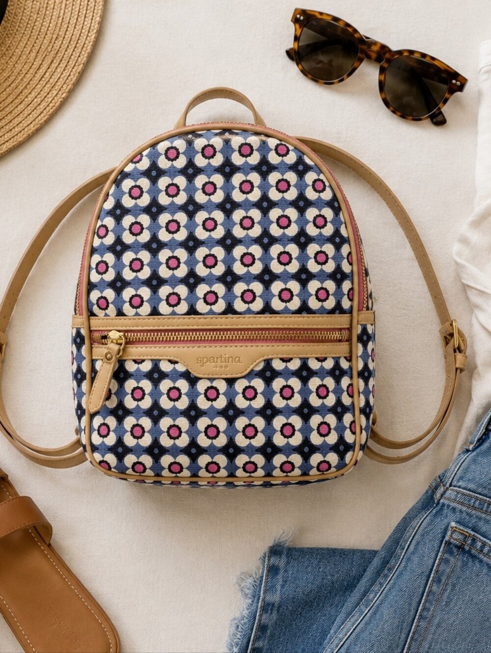 Spartina 449 Women's Blue Floral Linen & Leather Mini Backpack